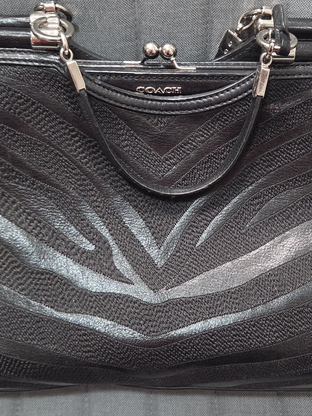 Authentic COACH Madison Zebra Carrie Satchel – Black Leather – Style G1382-26701